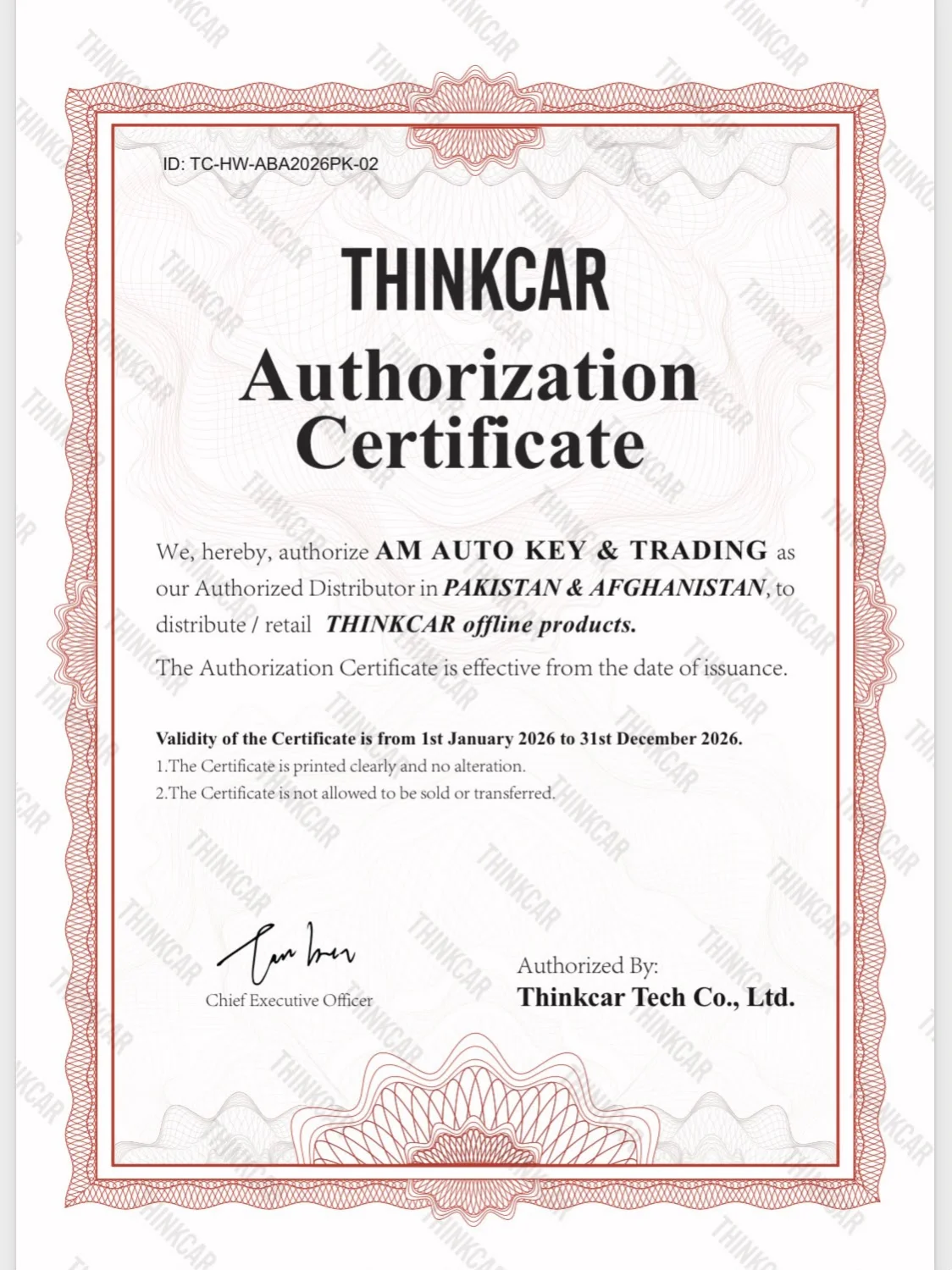 THINKCAR Authorization Certificate issued to AM Auto Key & Trading for Pakistan and Afghanistan